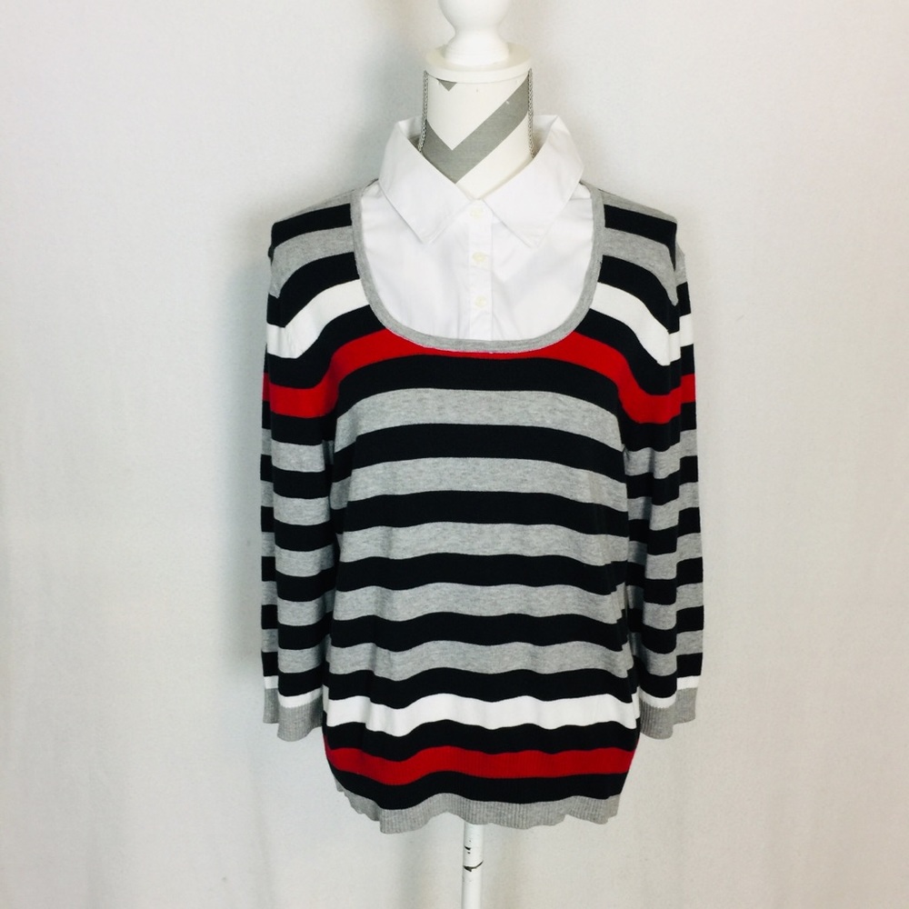New Soft Casual Sweater Red Gray Black Striped L